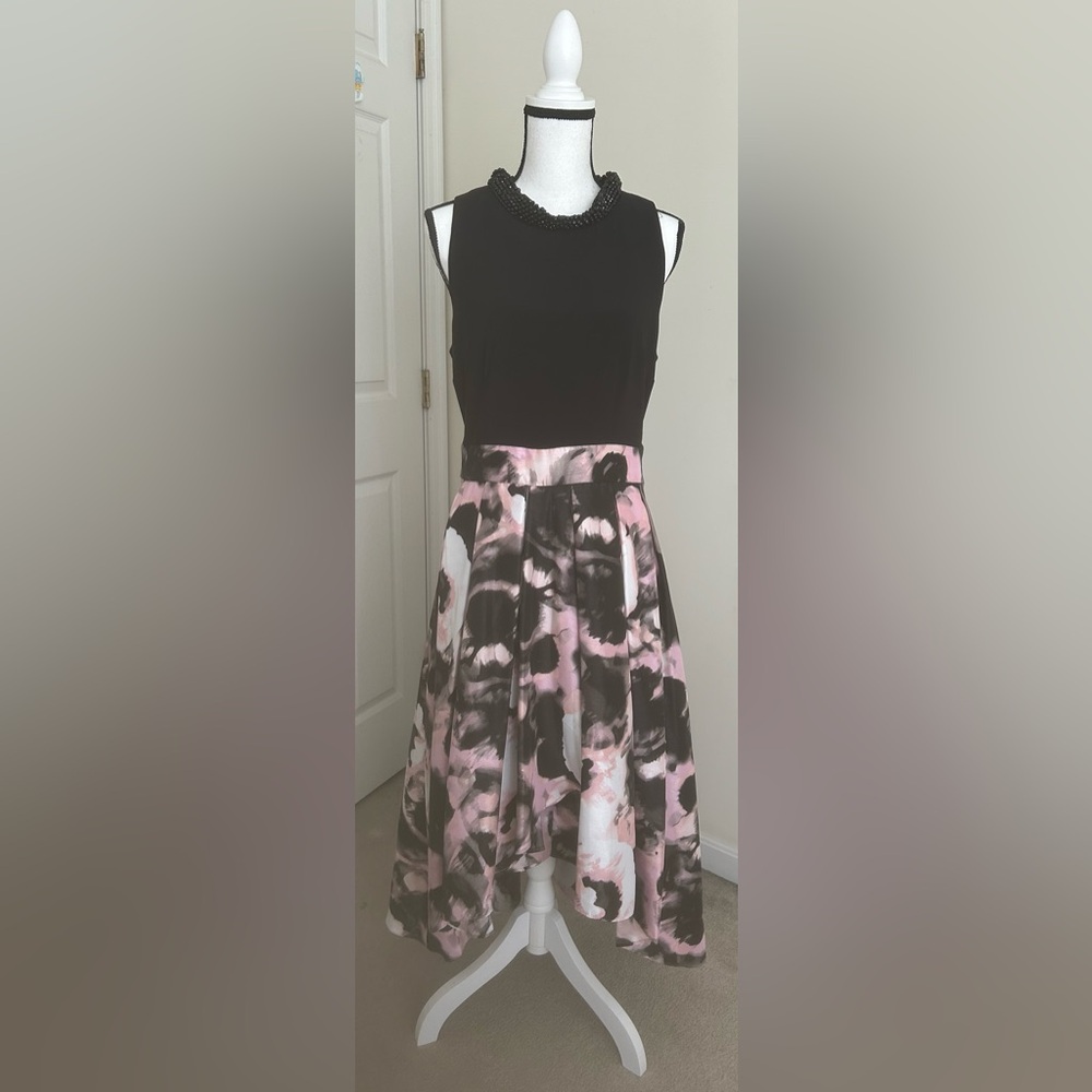 SLNY Black Bodice with Pink & Black Floral Circle Skirt